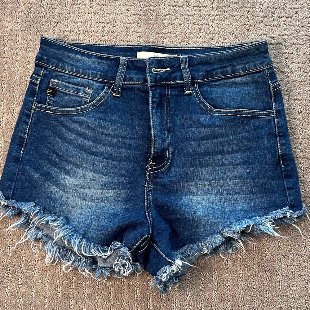 KanCan Dark Blue Frayed Jean Shorts